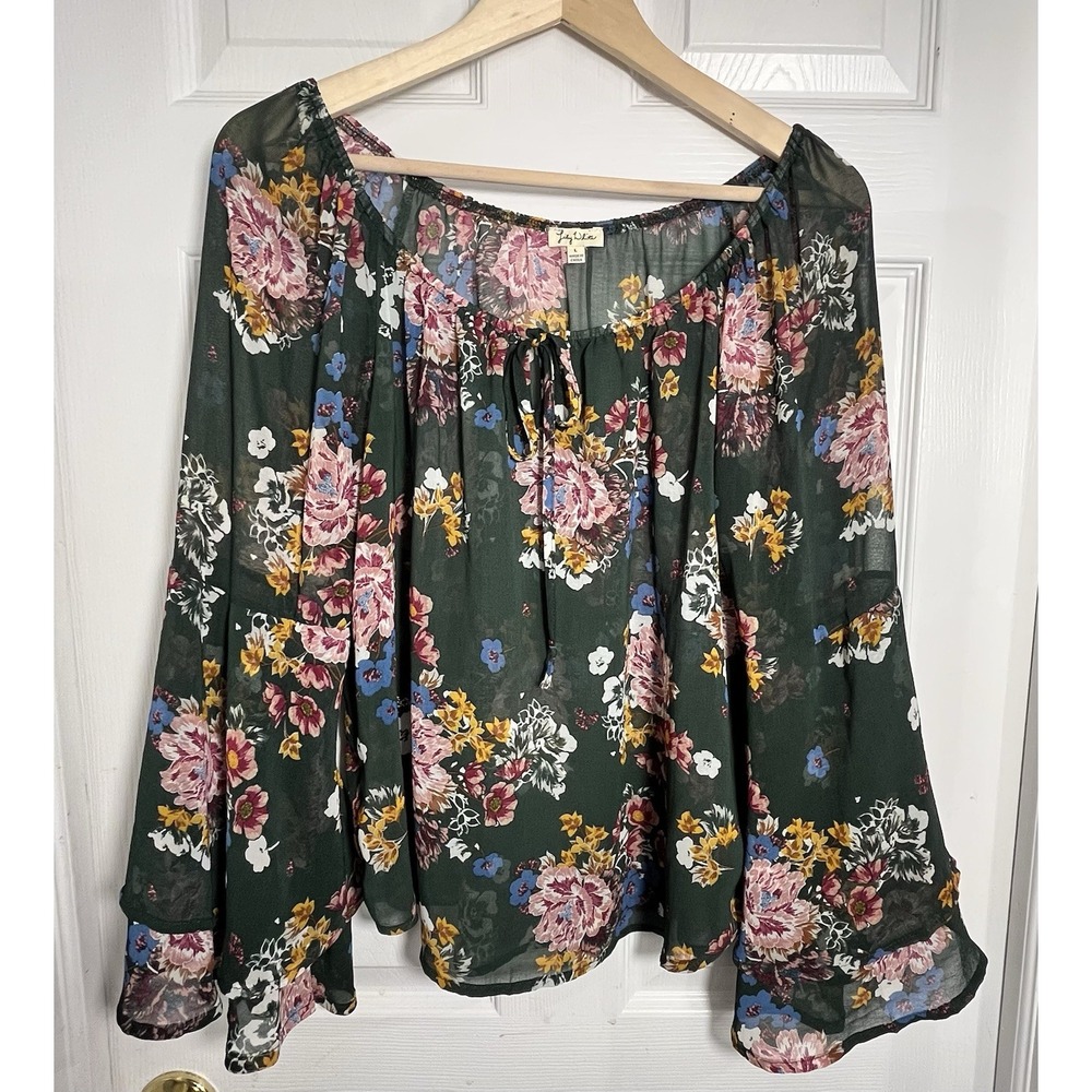 Lily White Sheer Floral Blouse Women L Dark Green Boho Peasant Bell Sleeve Style